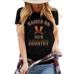 🆕 Women Black Raised on 90s Country Tops Vintage Music Graphic Casual T-Shirt